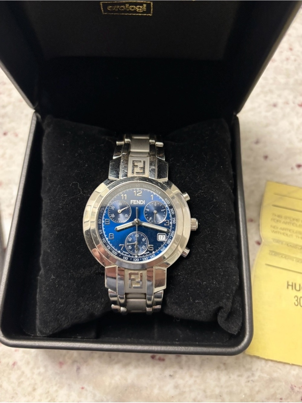 Fendi Men's Silver Stainless Steel Chronograph Watch with Blue Dial